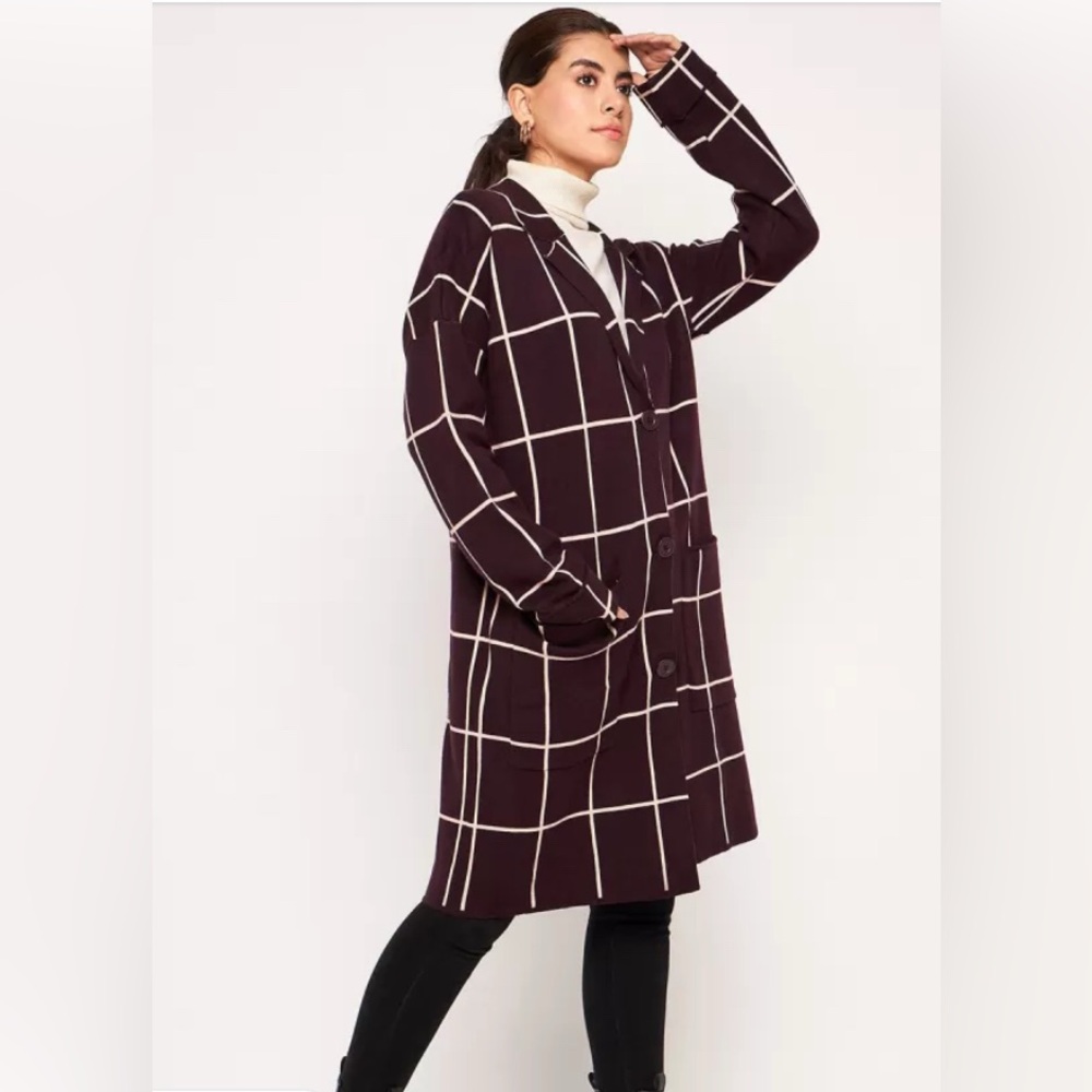 Nine West Size XL purple and pink plaid button Open-Front long cardigan